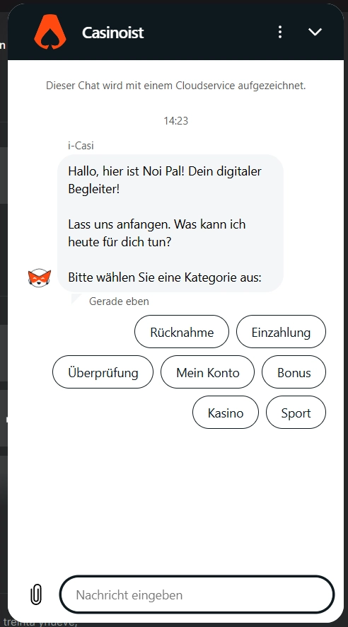 Casinoist Casino Live Chat mit Noi Pal Assistent und Auswahloptionen im Support