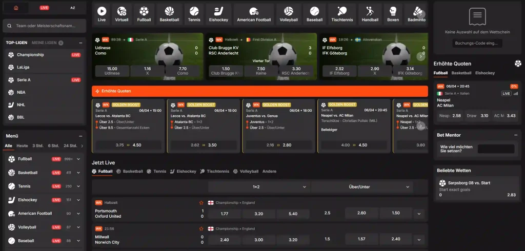 Casinoist Casino Sportwetten Bereich mit Live Quoten Fußball Spielen und Wettoptionen