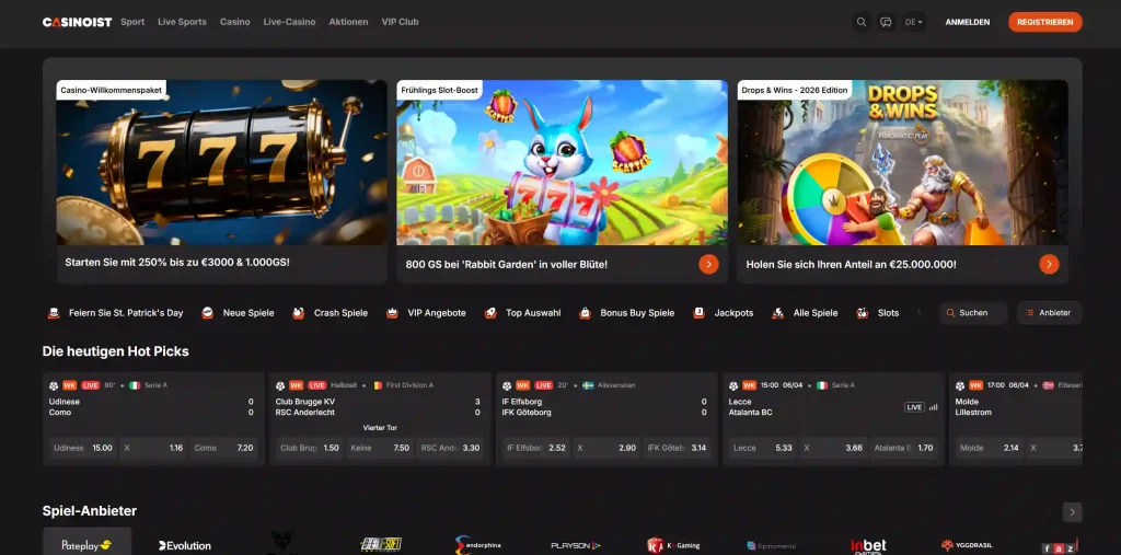 Casinoist Casino Startseite mit Bonus Angeboten Spielen und Sportwetten Übersicht